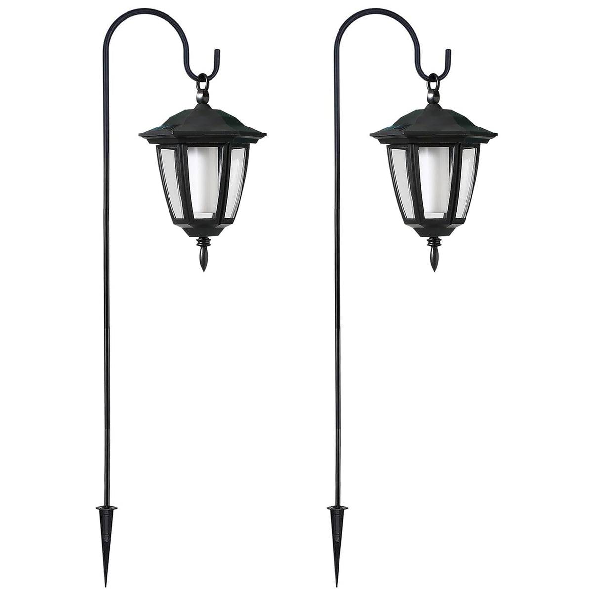 Dynaming 2 Pack Solar Halloween Flame Hanging Lights Outdoor, Flickering Flame LED Garden Lanterns with 2x38 Inch Shepherd Hooks, Landscape Lighting Waterproof for Lawn Yard Pathway Driveway, Purple