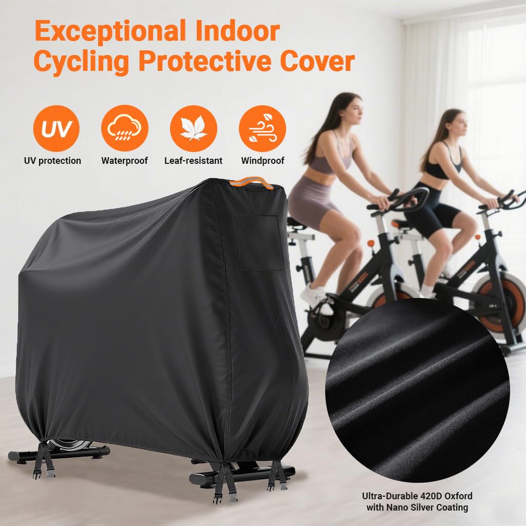 AAOWEEY Stationary Bike Cover Waterproof Outdoor,Upright Exercise Bike Cover with Air Vent,Waterproof Strip,4 Windproof Buckles,All Weather Large Cover for Most Exercise Bike
