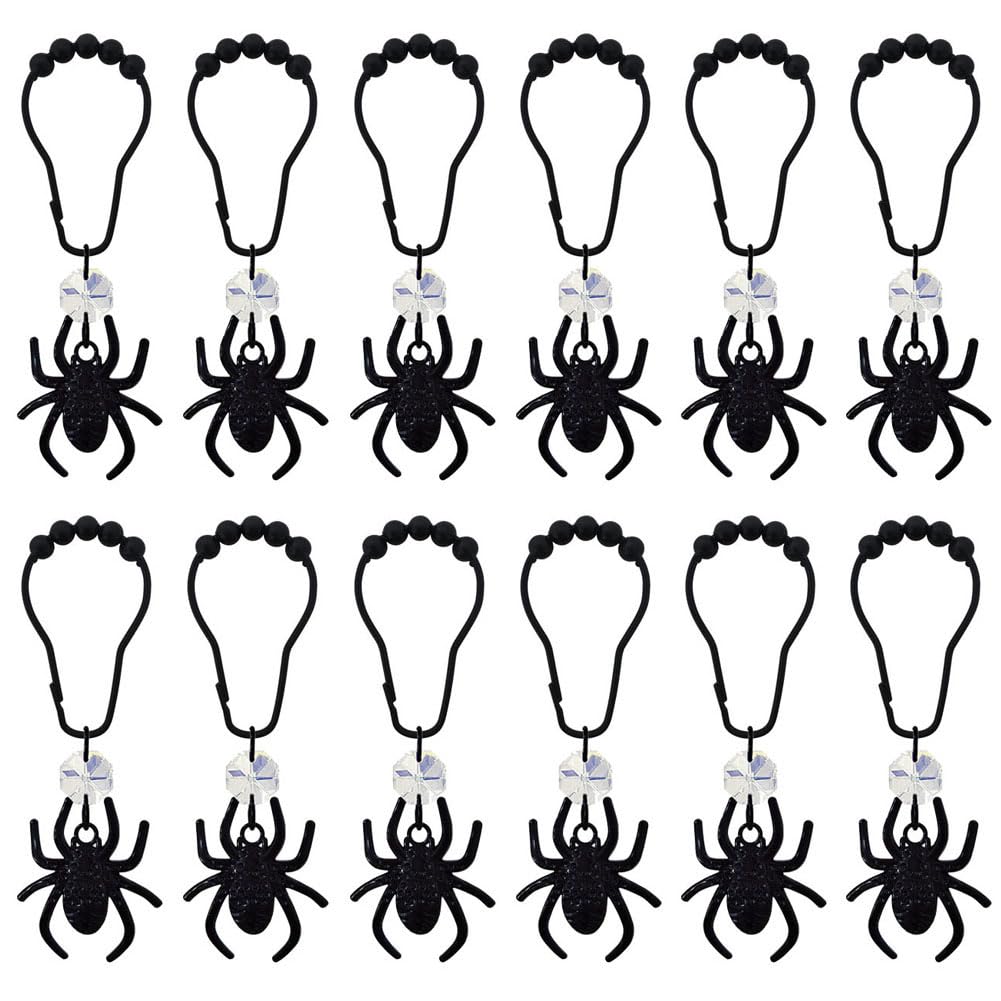 Black Spider Shower Curtain Hooks for Decorative Spiderman Bathroom Set,Stainless Steel Rustproof Shower Hooks, Halloween Boy Spiderman Theme Element Decor 12PCS (Black)