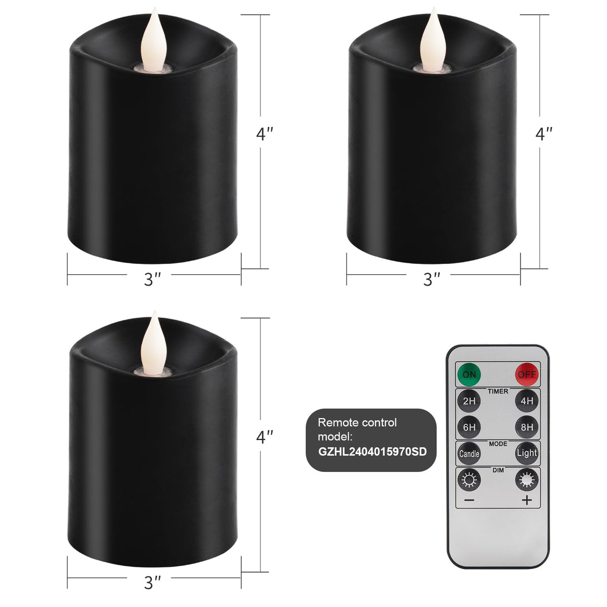 3x4 Flickering Flameless Candles Set of 3, 2AA Battery Life 600 Hours Battery Candles Flickering with Timer,4 inch Flameless Candles with Remote for Home Wedding Party Halloween Decoration, Black