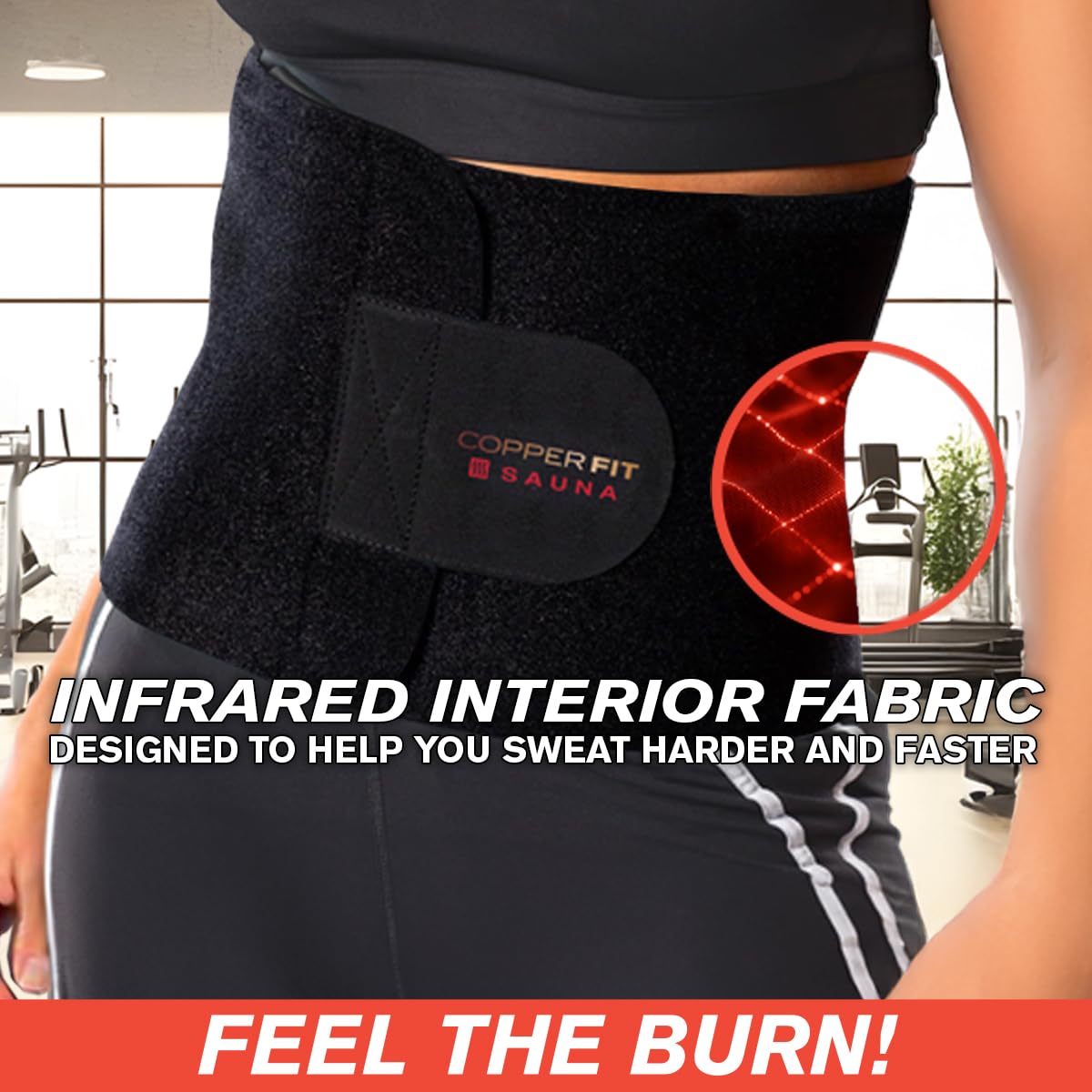 Copper Fit Infrared Sauna Belt – Waist Trainer for Men & Women – Increases Sweat & Supports Core – Adjustable Compression – Copper-Infused (Black, SM)