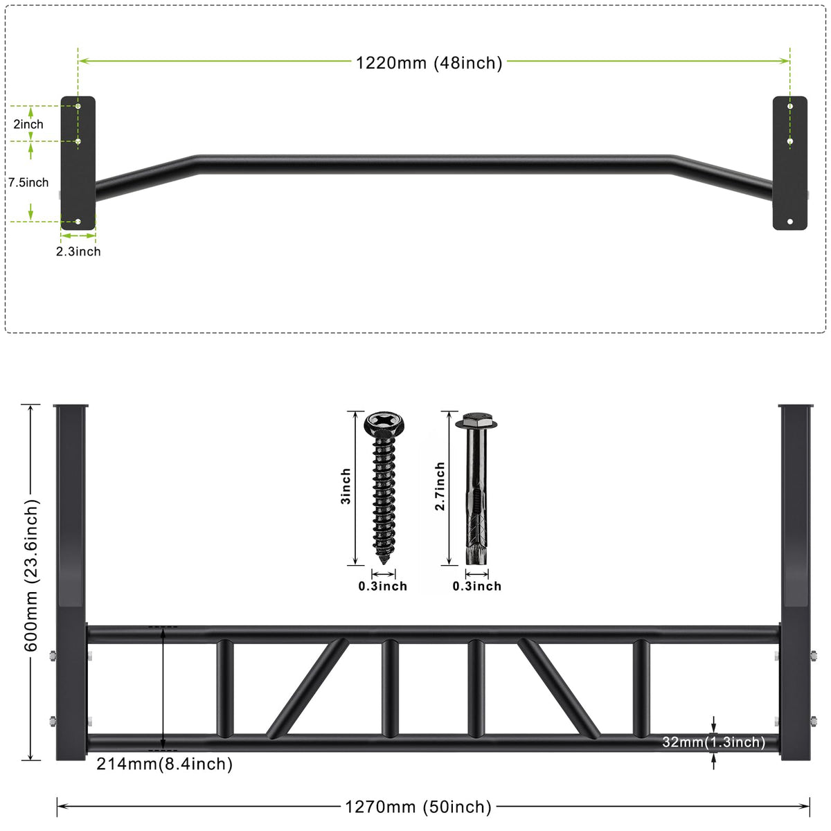 SELEWARE 48'' Multi-grip Pull Up Bar Wall Mount Heavy Duty Chin Up Bar with Hangers for Heavy Bag Home Gym Strength Workout Straps Support 500 lbs