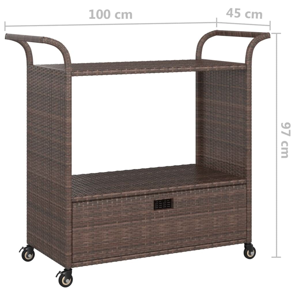 TUERYAFEK Brown Poly Rattan Bar Cart with Drawer, 39.4"x17.7"x38.2", Rolling Serving Trolley with Locking Castors