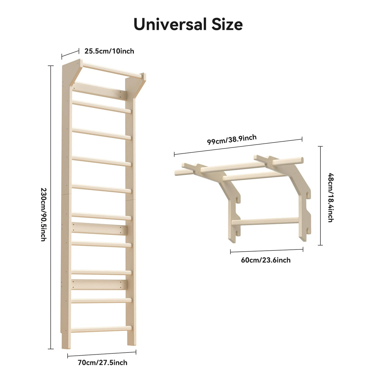 Swedish Ladder Wall Gym & Pull Up Bar Gymnastics Bar – Ultimate Wall Bars for Exercise with Adjustable Dip Bar Attachment, Wood Stall Bars for Home, Calisthenics, Physical Therapy and Kids Training (Burlywood)