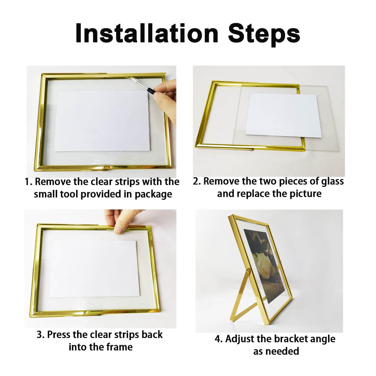 CROXXID 8x10 Picture Frame set of 2, for 5x7 6x8 with Floating Effect, for 8 x 10 without Floating, Double Real Glass Photo Frames Only for Tabletop, Home or Wedding Decoration Gift (Vertical Gold)