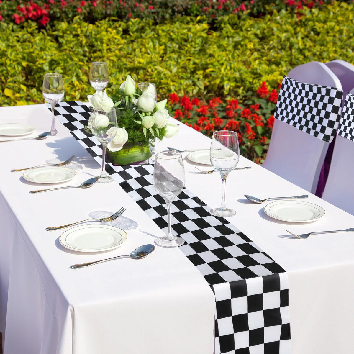 Newwiee 54 Pcs Stretch Chair Sashes with Table Runners, Classic Black and White Chair Bows Sashes Fringe Table Runner for Party Wedding Reception Banquet Decorations (Black and White Checkerboard)