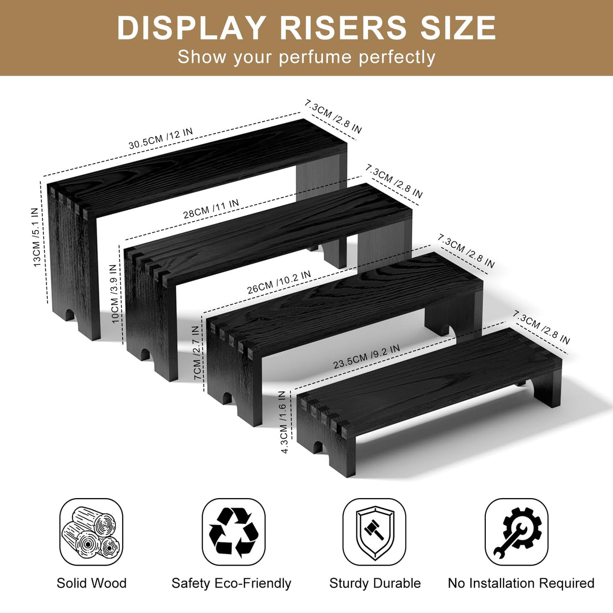2 Set Black Wooden Tiered Riser Display Stands for Vendor Events,Stackable Wood Cupcake Stand,Farmhouse Decor Wood Dessert Table Display Set,Vendor Booth Display Items,Food Display Risers for Party