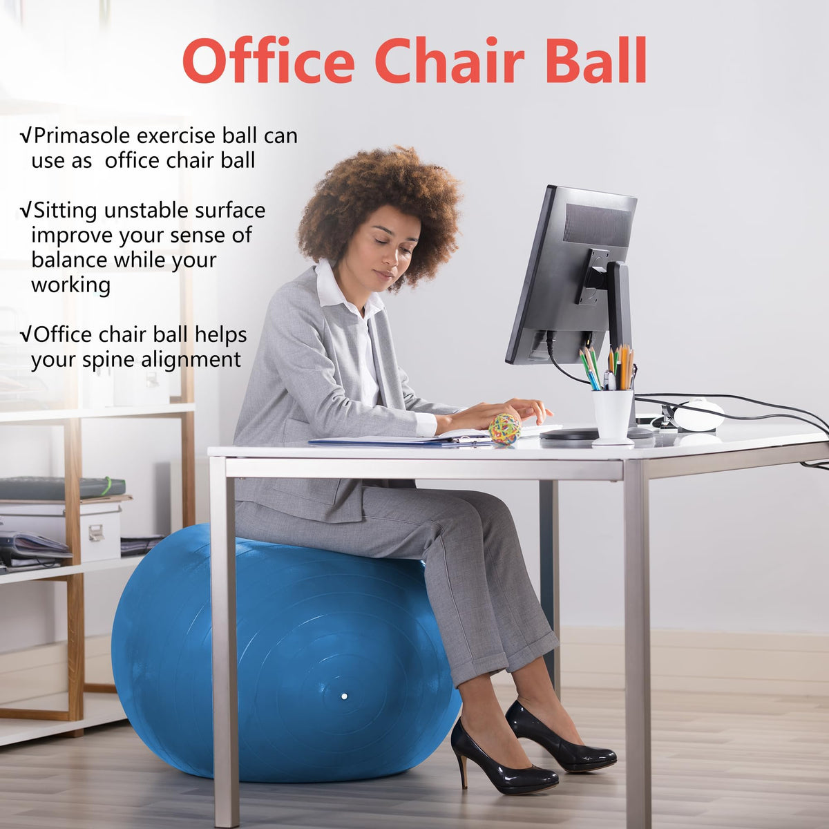 Primasole 45cm Anti-Burst Yoga Ball for Pilates, Core Strength, Pregnancy & Office Chair - Stability Ball for Home & Gym Workout (17.7 Inch, Blue)