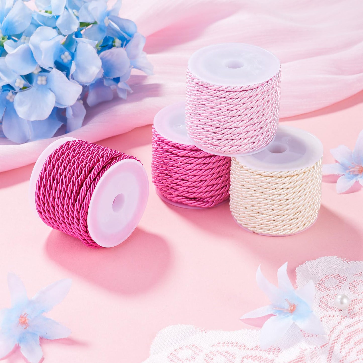FASHEWELRY 4 Rolls 3mm Pink Twisted Twine Cord Polyester Braided Rope Decorative Thread Strings for Graduation Honor Cord Upholstery Curtain Tieback Home Decoration Bracelet Jewelry Making