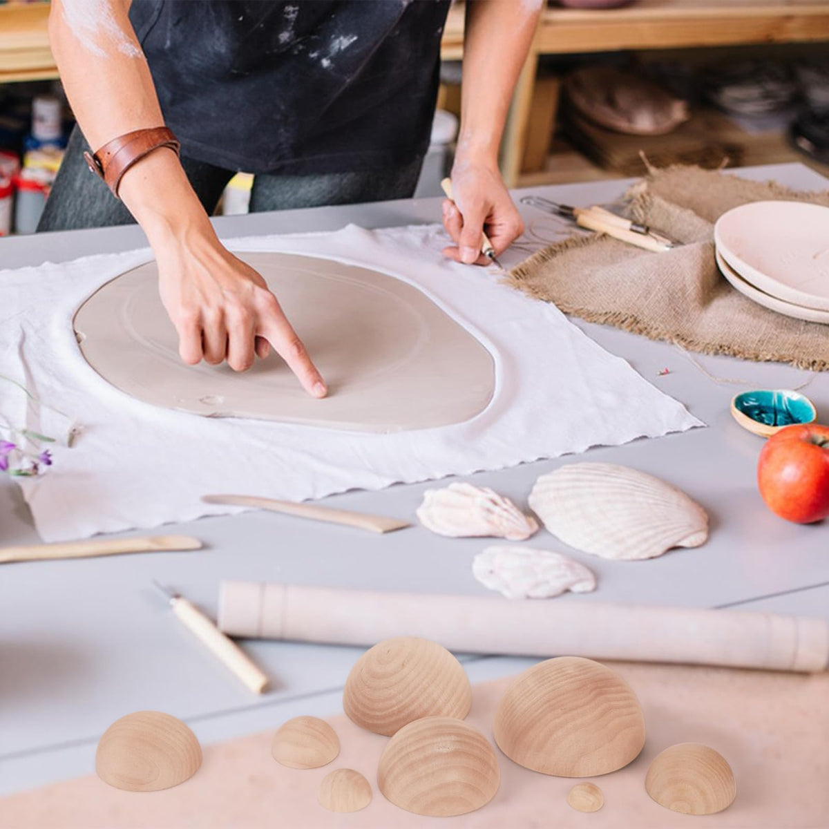 ZENFUN 8 Pcs 8 Sizes Half Round Pottery Tools Set, Wooden Ceramic Top Tool Clay Tools for Making Pottery Bowls and Plates, Wooden Split Balls Half-Round for DIY Crafts