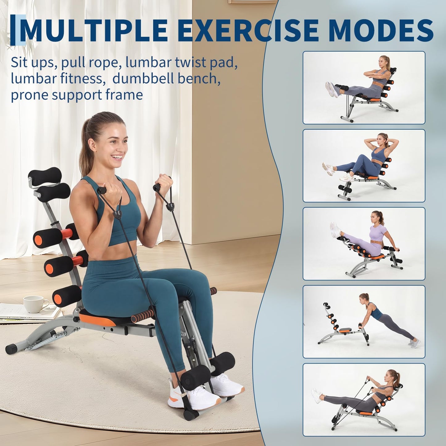 Multifunctional Ab Machine, Adjustable Sit Up Bench, Core Workout Bench for Abdominal Training, Foldable Home Gym Fitness Equipment with Ergonomic Back Support, Full Body Exercise