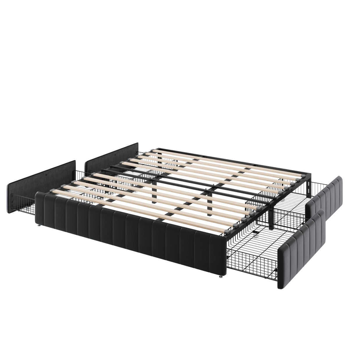 Allewie King Size Platform Bed Frame with 4 Large Storage Drawers, Velvet Vertical Channel Tufted Upholstered Bed Base, Wooden Slats Support, Noise-Free, No Box Spring Needed, Easy Assembly, Black