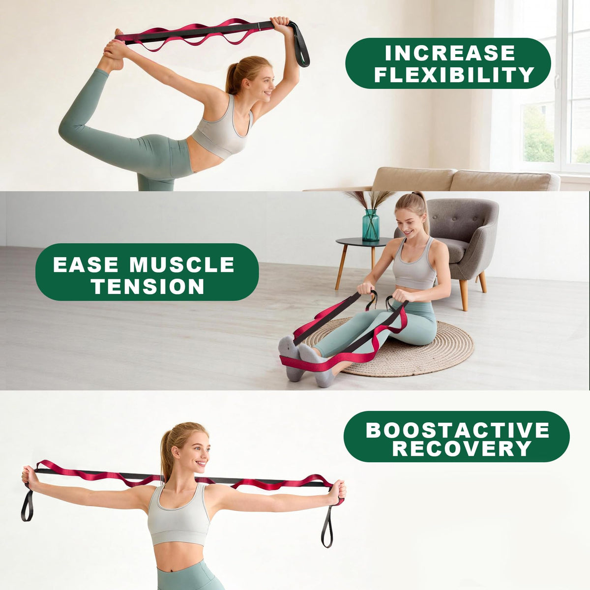 Acozycoo Stretching Strap with 10 Loops – Non-Elastic Yoga Strap for Physical Therapy, Knee Replacement Recovery & Plantar Fasciitis – Leg Stretcher Band for Flexibility & Hamstring Rehab(Red)