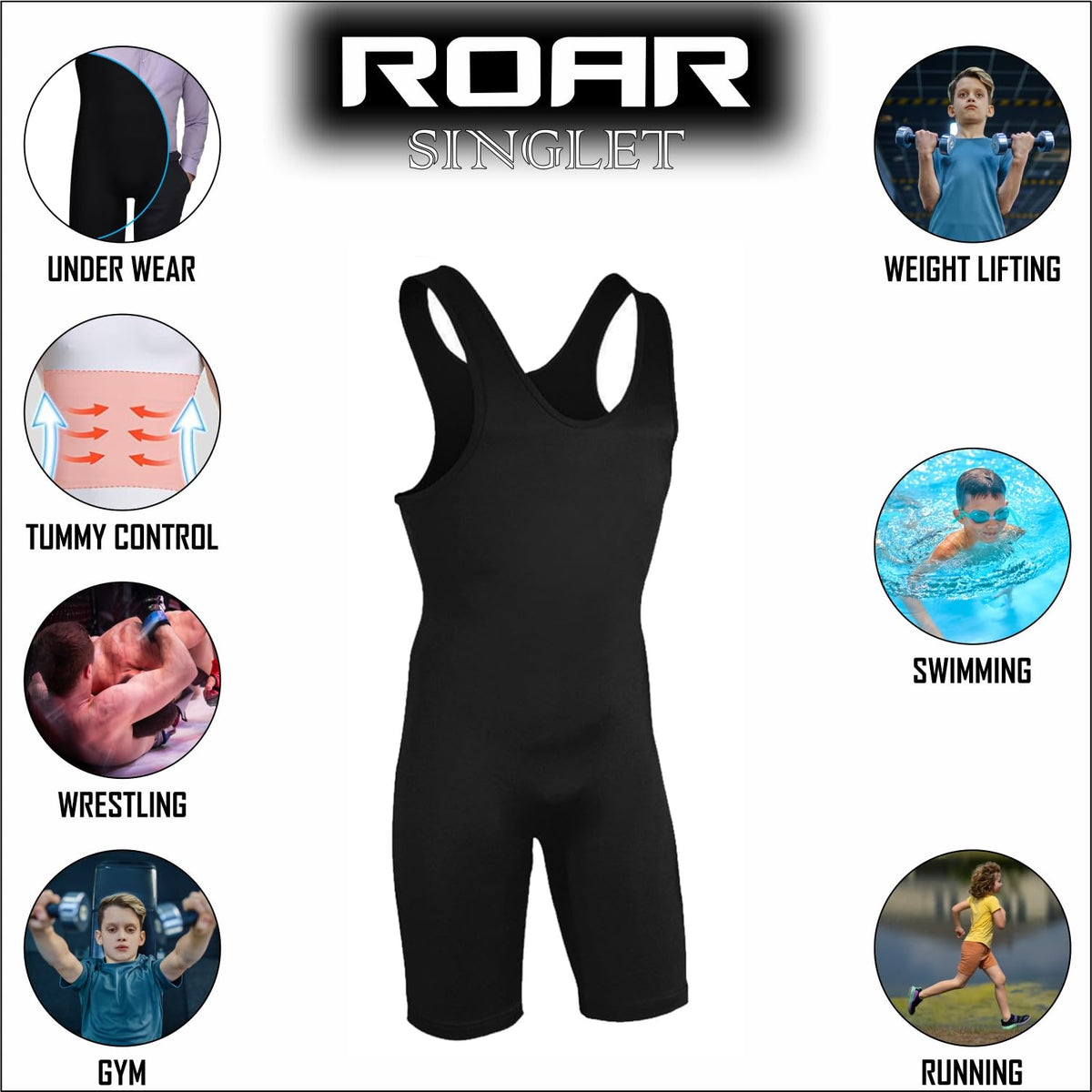 Roar Athletic Men's Wrestling Singlet Suit Bodywear Uniform for Men and Youth, Powerlifting and Exercise Equipment (Black, Youth Medium)