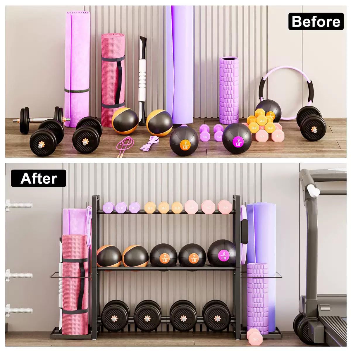3-Tier Small Adjustable Dumbbell Rack, 450LBS Capacity Home Gym Weight Rack with Yoga Mat Holder & Hooks, Space Saving Workout Equipment Storage Organizer, Tool-free Assembly