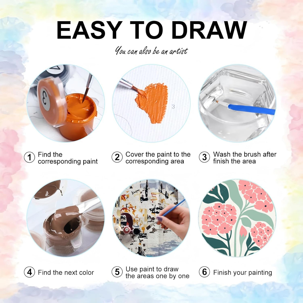 6 Pack Paint by Numbers Kit for Adults and Kids Beginner, Flower Adult Paint by Number Kits on Canvas, Easy Flowers DIY Acrylic Oil Painting by Numbers Kits Perfect for Home Wall Decor 8 x 12 Inch
