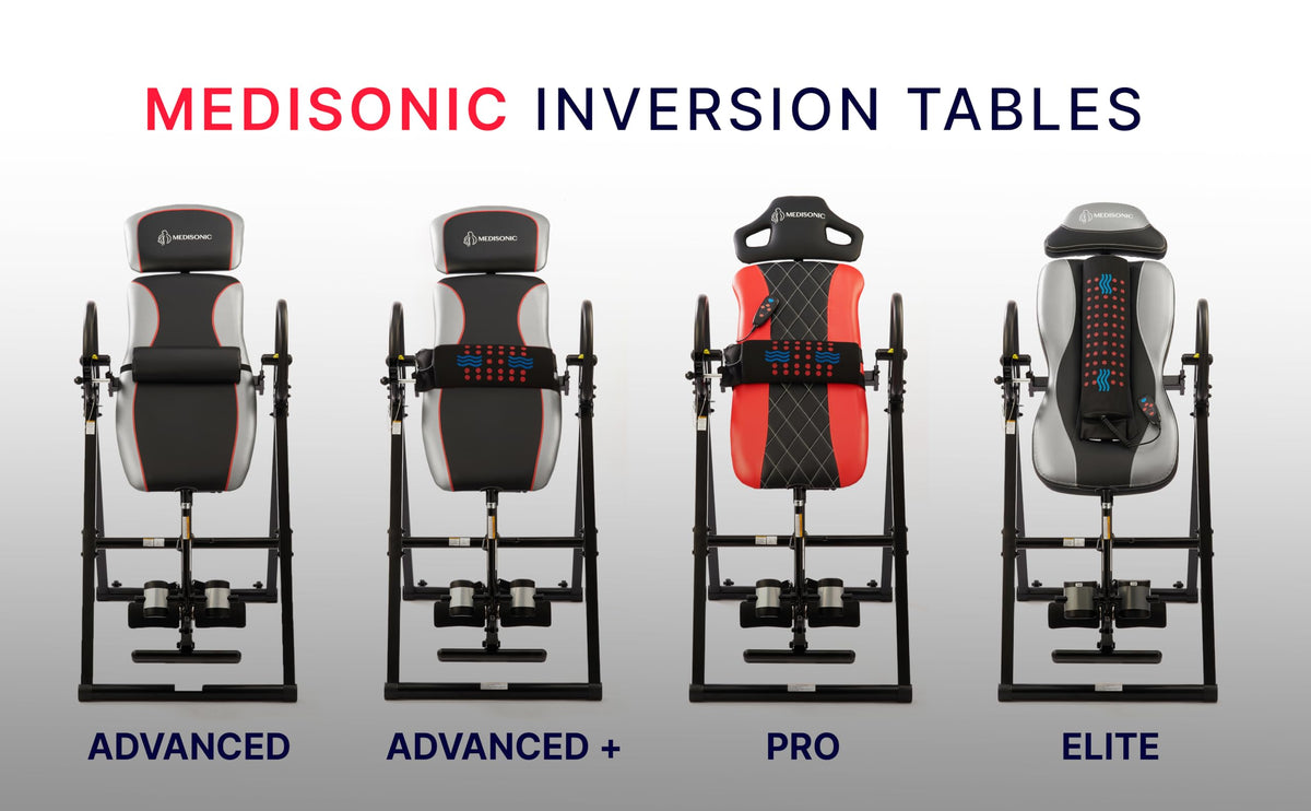 MediSonic Elite Inversion Table with Adjustable & Removable Lumbar Pad, Comfortable Ankle Security Cups, Multiple Inversion Angles, Heavy-Duty Frame, 300 lb Capacity, Blue