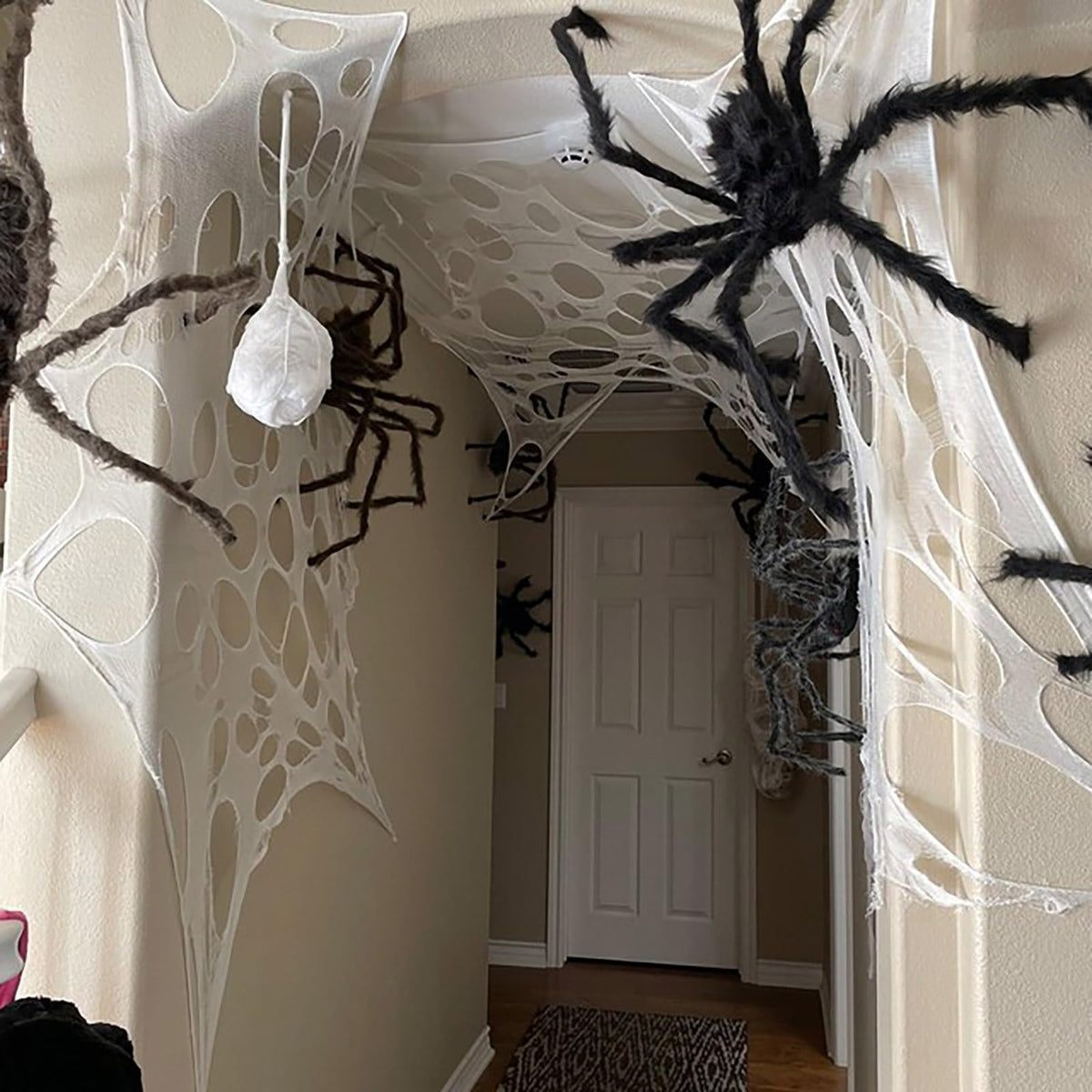 CESOF 2 Pack Giant Spider Web Halloween Decorations Outdoor, Pre-Cut Beef Netting Spiderwebs Super Stretchy DIY Spider Webbing with Stakes, Gauze Cobwebs for Haunted House Yard Garden Home Party Decor