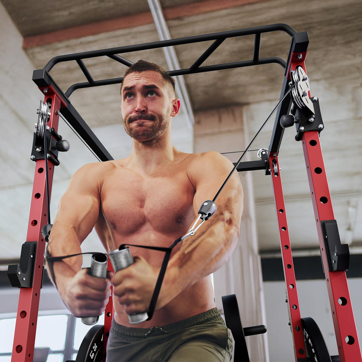 RitFit Squat Rack Power Cage Home Gym Package, Includes 1200LBS Power Rack with Cable Crossover System, Weight Bench, Weight Plate Set with Olympic Barbell (Package 2.0K (Bumper Plate 340LBS))-Orange