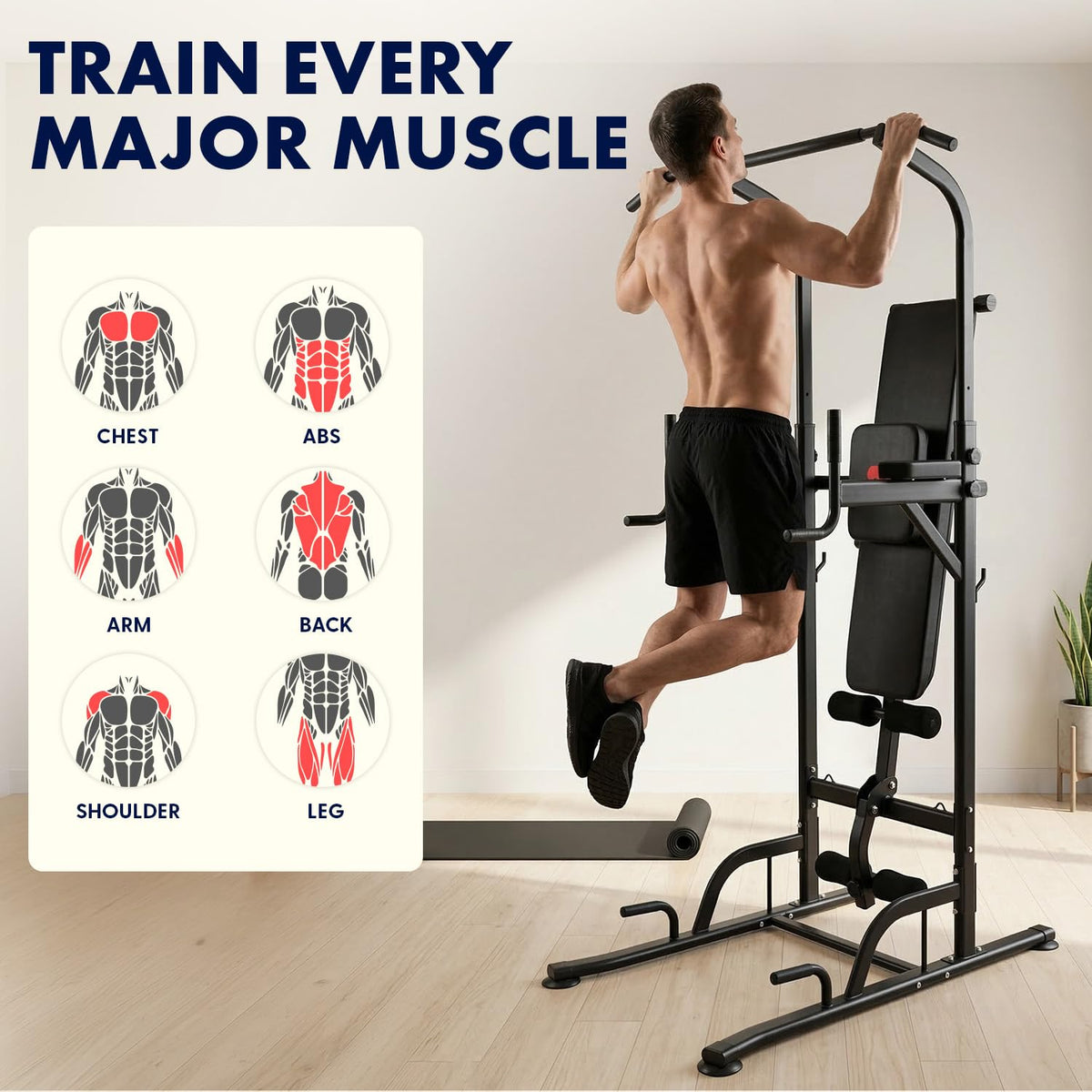 SQUATZ Pull-Up Workout Station with Bench - Multifunctional Gym Equipment with Pulling Bar, Sit-Up Board, Backrest, Elbow Pad, & Steel Main Frame, Great for Home Exercise and Weight Training, 330LBS