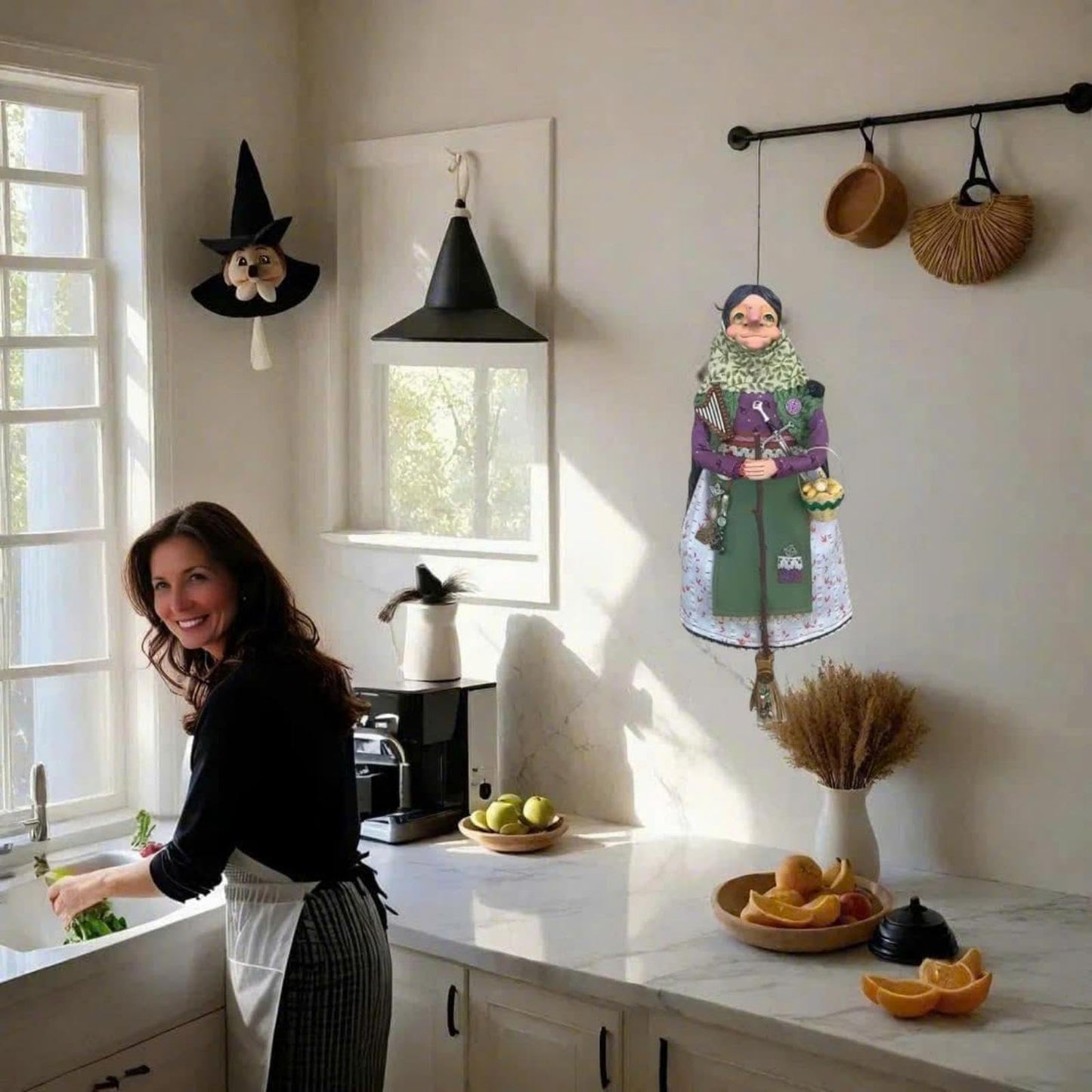 Handmade Kitchen Witch Doll, Good Luck Cooking Dolls Hanging Ornament, Unique Home Decor Figure on Broomsticks for Cooks, Festive Lucks Charm Decoration for Culinary Enthusiasts(C)