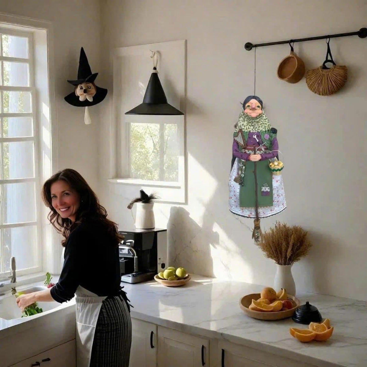 Handmade Kitchen Witch Doll, Good Luck Cooking Dolls Hanging Ornament, Unique Home Decor Figure on Broomsticks for Cooks, Festive Lucks Charm Decoration for Culinary Enthusiasts(A)