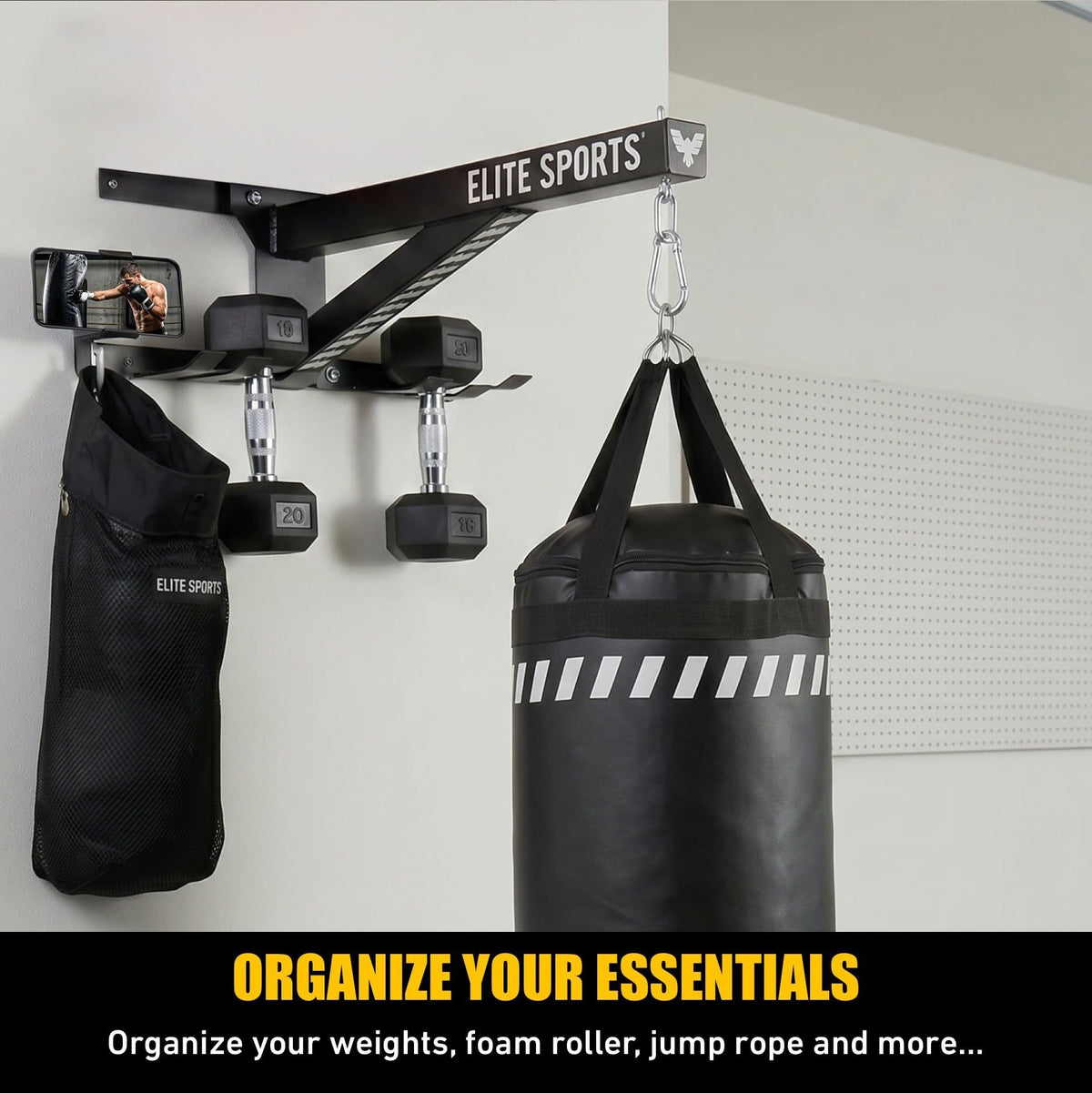 Elite Sports Heavy Duty Wall Mount Punching Bag Hanger, Fixed Stainless Steel Boxing Bag Bracket with Phone Holder, Jump Rope & Dumbbell Hooks, for MMA, Muay Thai, Kickboxing, Gym & Home Training