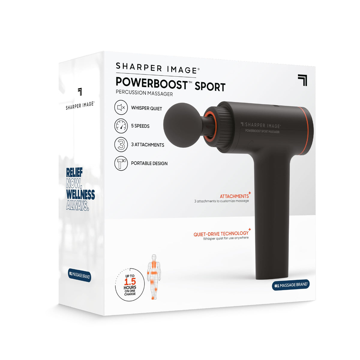 Sharper Image® Powerboost™ Sport Percussion Massager, Lightweight Portable Design with Quiet Drive Technology, Includes 3 Attachments