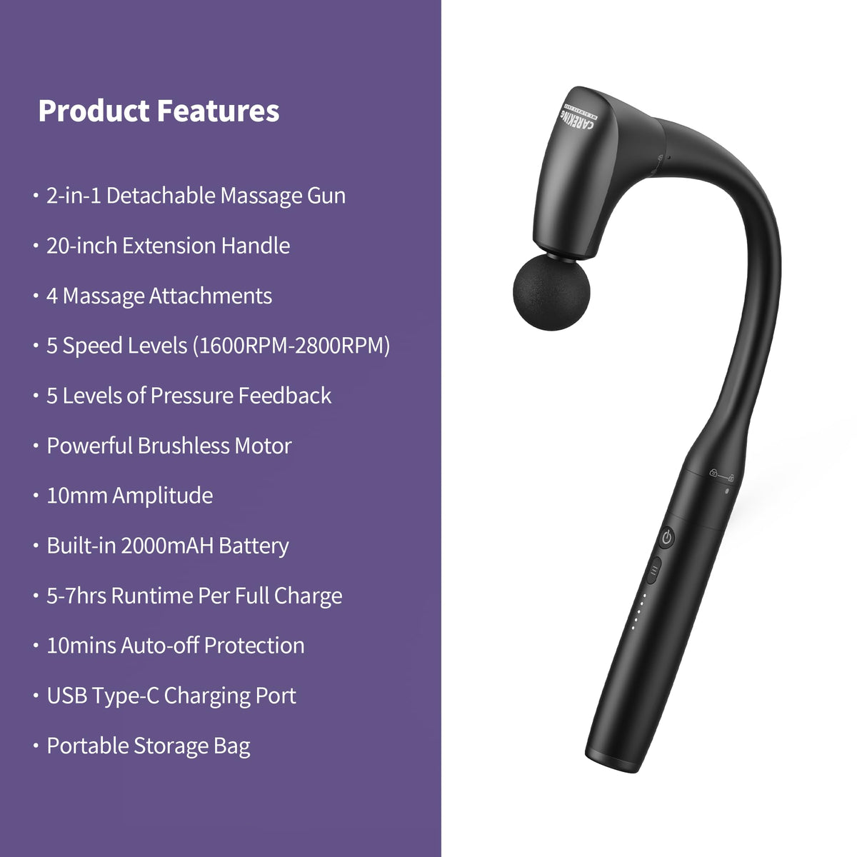 CAREKING 2-in-1 Detachable Muscle Massage Gun Deep Tissue with 20'' Extension Handle, Back and Neck Massager for Pain Relief, Handheld Massager for Shoulder Lower Back Leg Waist, FSA-HSA Eligible