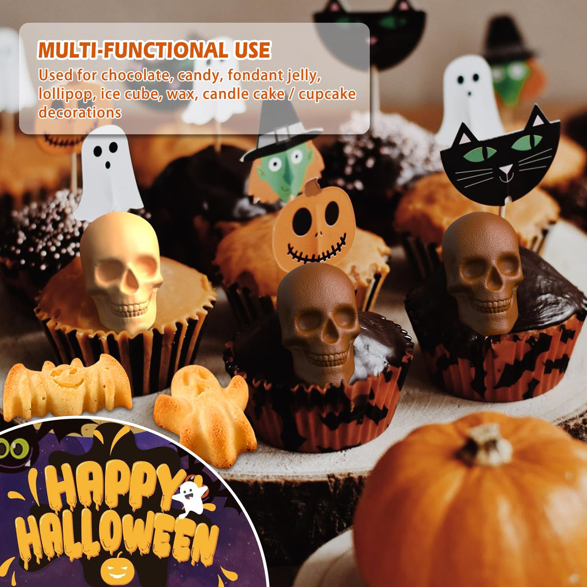 Qibiyuu Halloween Skull Cake Pan & Pumpkin Silicone Molds Set ā 6 Cavity 3D Skull Baking Pan + 6 Halloween Shape Silicone Molds (Pumpkin, Ghost, Bat) for Cakes, Chocolate, Candy, DIY Party Baking