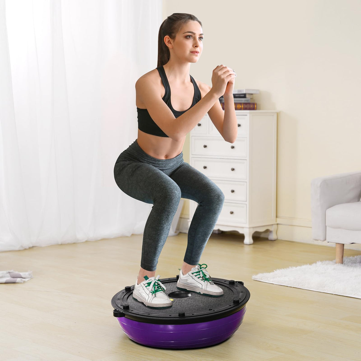 VEVOR 23-inch Half Exercise Ball Trainer, 660 lbs Capacity Balance Ball, Includes Resistance Bands and Pump, Ideal for Full Body Workouts, Yoga, and Strength Training at Home Gym, Purple