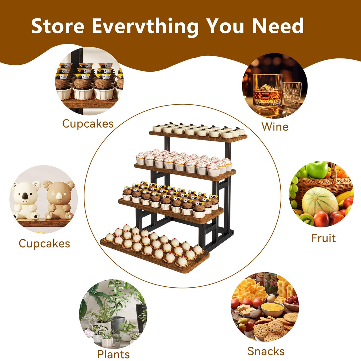 IBUYKE 4 Tier cupcake stand, Set of 2,Wooden Risers Display Stands Serving Trays,Tiered Display Stand,Dessert Table Display for Party,Afternoon Tea,Rustic Brown UTLJ018H-2