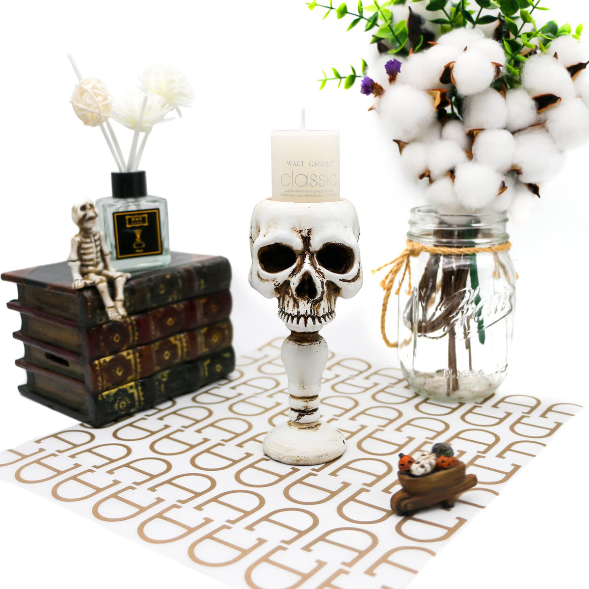 Skull Candle Holder - Gothic Tabletop Cranium Skeleton Head Candlestick Retro Spooky Desktop Tealight Cup Horrible Home Office Bar Party Graveyard Decor