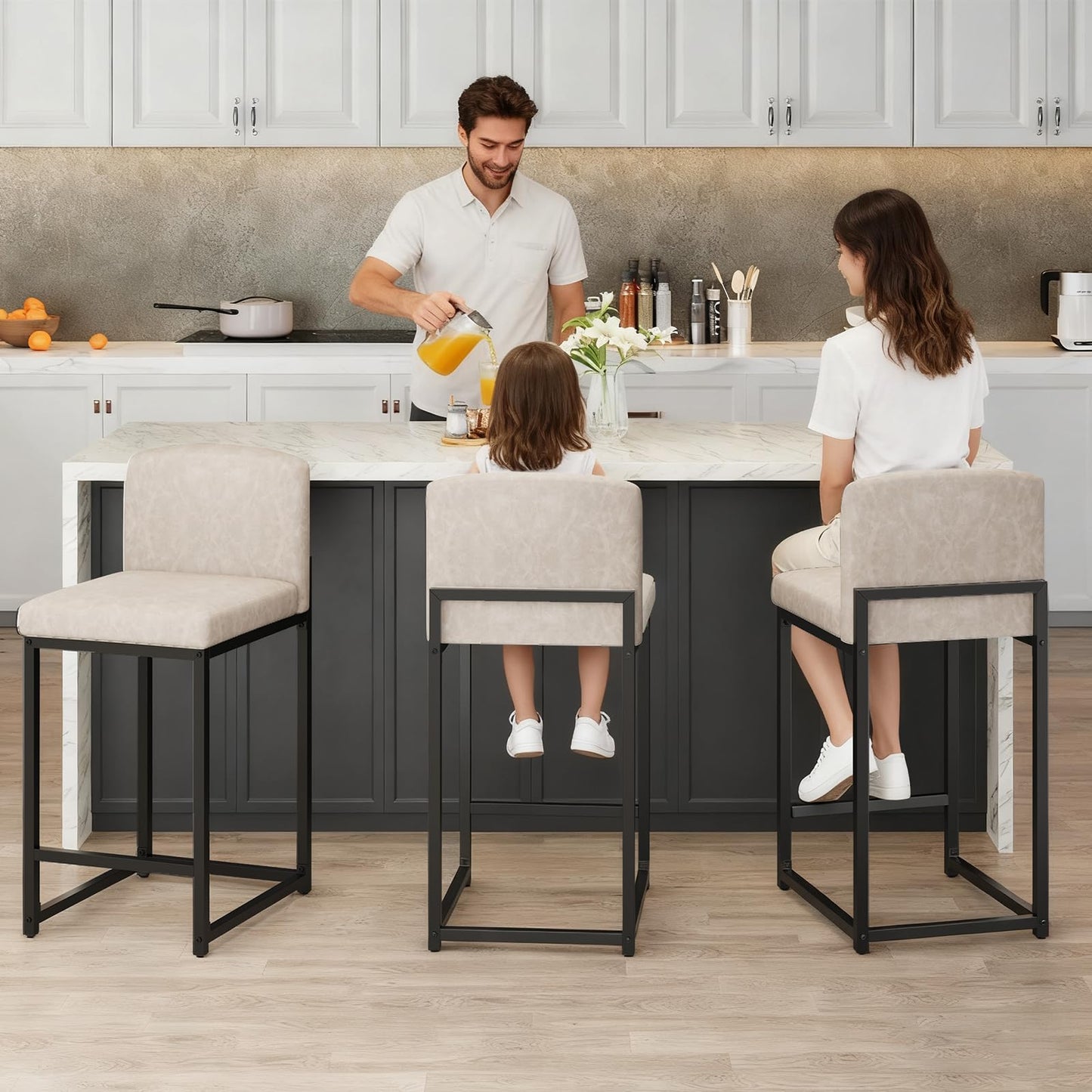 IDEALHOUSE Modern Bar Stools Set of 4, PU Leather Counter Height Barstools with Back, Upholstered Bar Chairs for Kitchen Island & Home Bar, Metal Frame, Beige