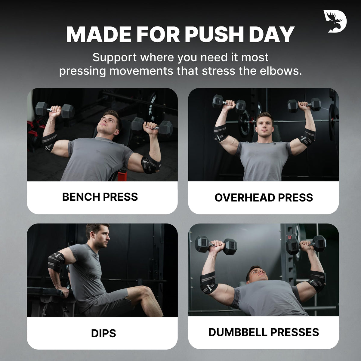 DMoose Fitness Elbow Wraps for Weightlifting (Pair) - 40'' Adjustable Elbow Strap for Gym Workout & Bench Press, Compression Elbow Wraps for Tendonitis & Joint Support, Elbow Sleeve (Black)