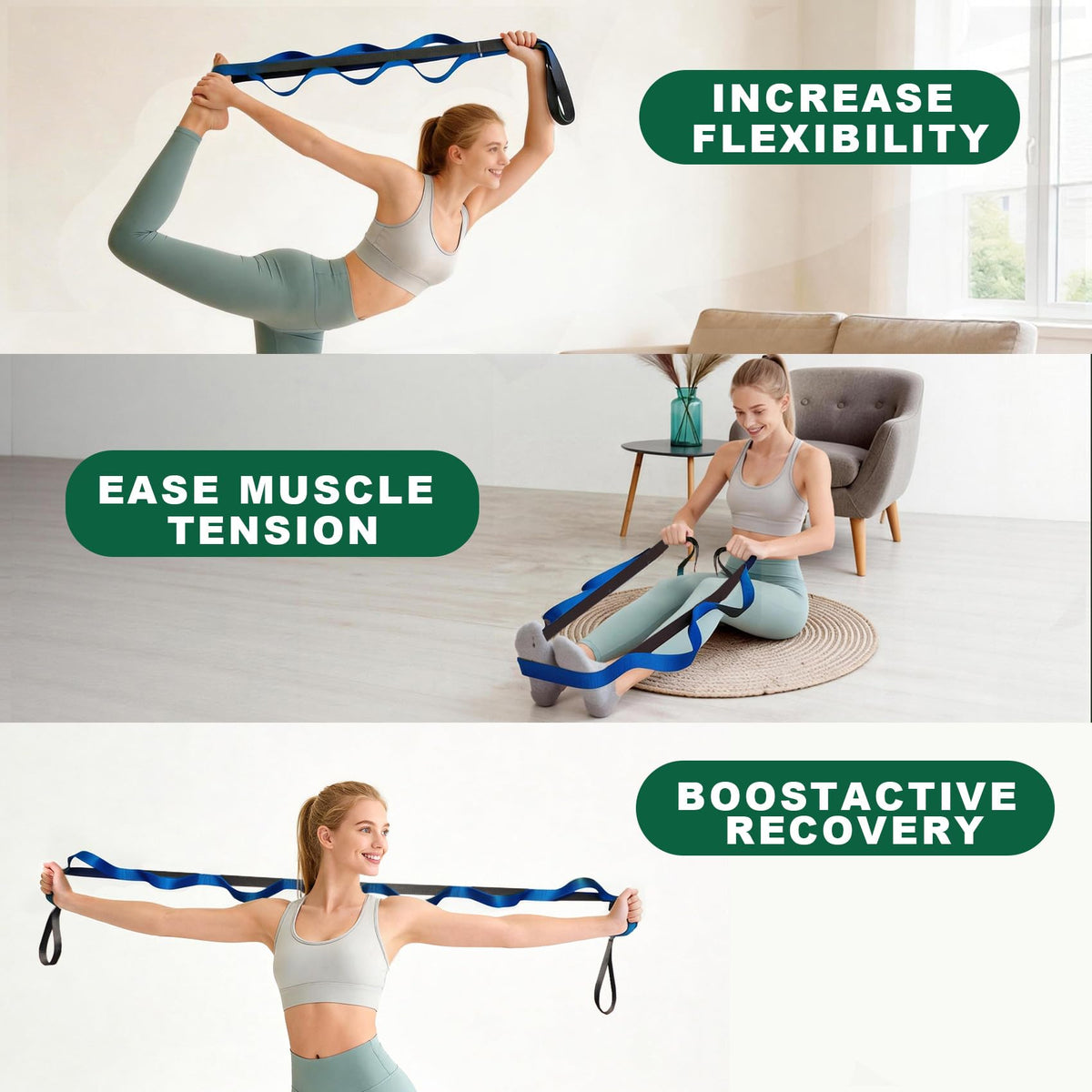 Acozycoo Stretching Strap with 10 Loops – Non-Elastic Yoga Strap for Physical Therapy, Knee Replacement Recovery & Plantar Fasciitis – Leg Stretcher Band for Flexibility & Hamstring Rehab(Blue)