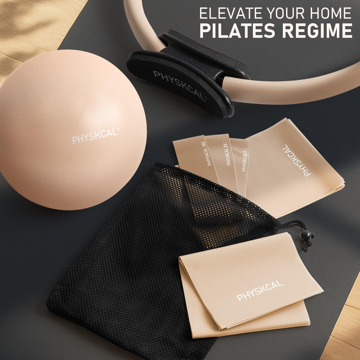 PhysKcal Pilates Ring Set, Magic Ring with 1x Core Ball, 3X Resistant Loop and 2X Flex Band, Pilates on Mat Essential Kit (Nude)