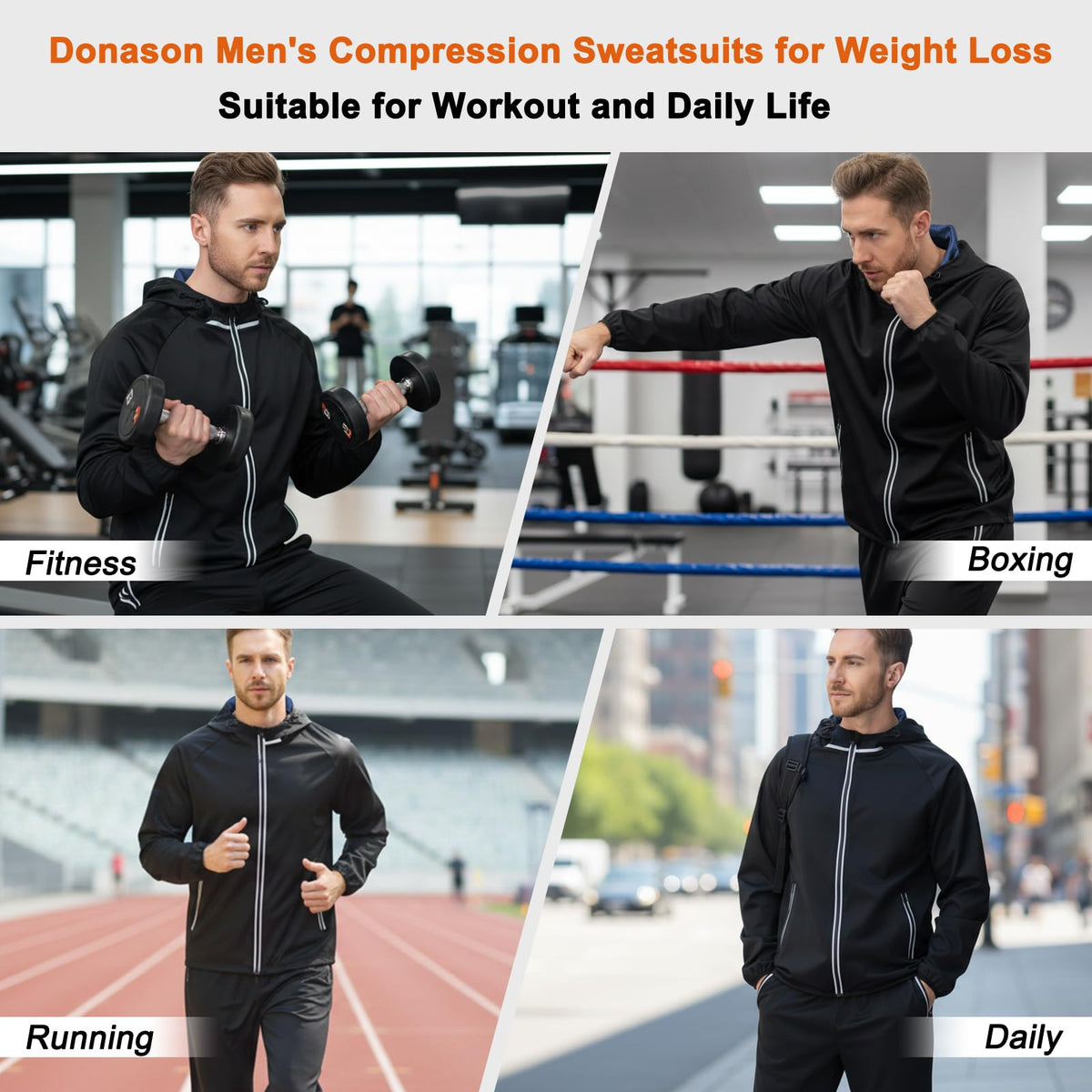 Donason Men's Sauna Suit Full Body Sweat Suit with Hood for Weight Loss Durable Sauna Jacket Pants for Gym Workout Body Shaper Heat-Trapping Fitness Shapeweasr Long Sleeve Tracksuit Zipper Top Bottom