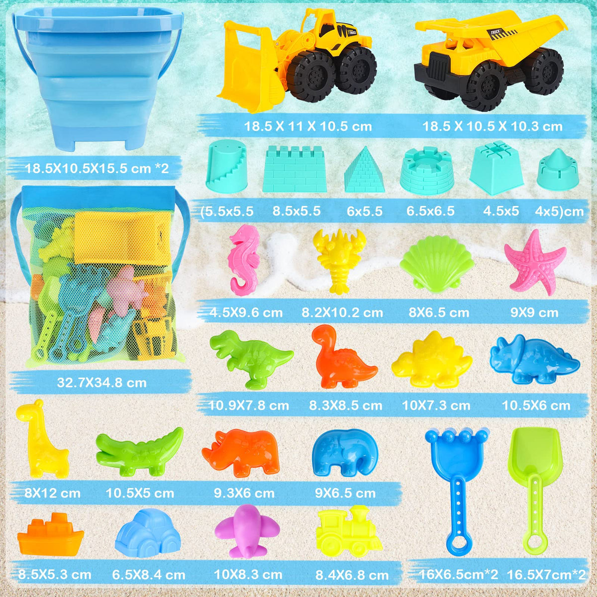 FHOZGECY Beach Toys, Sand Toys for Kids Boys and Girls with 2 Construction Vehicle, 2 Collapsible Bucket, Sand Castle Building Kit, Sand Molds, Mesh Bag, Outdoor Toys for Kids Ages 4-8