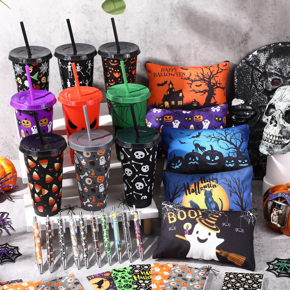 Mimorou 40 Pcs Halloween Party Favors Supplies 10 Sets Gifts Includes 24 oz Spider Skull Tumbler with Lid and Straw Cosmetic Bags Notepads Ballpoint Pens for Halloween Party Favors
