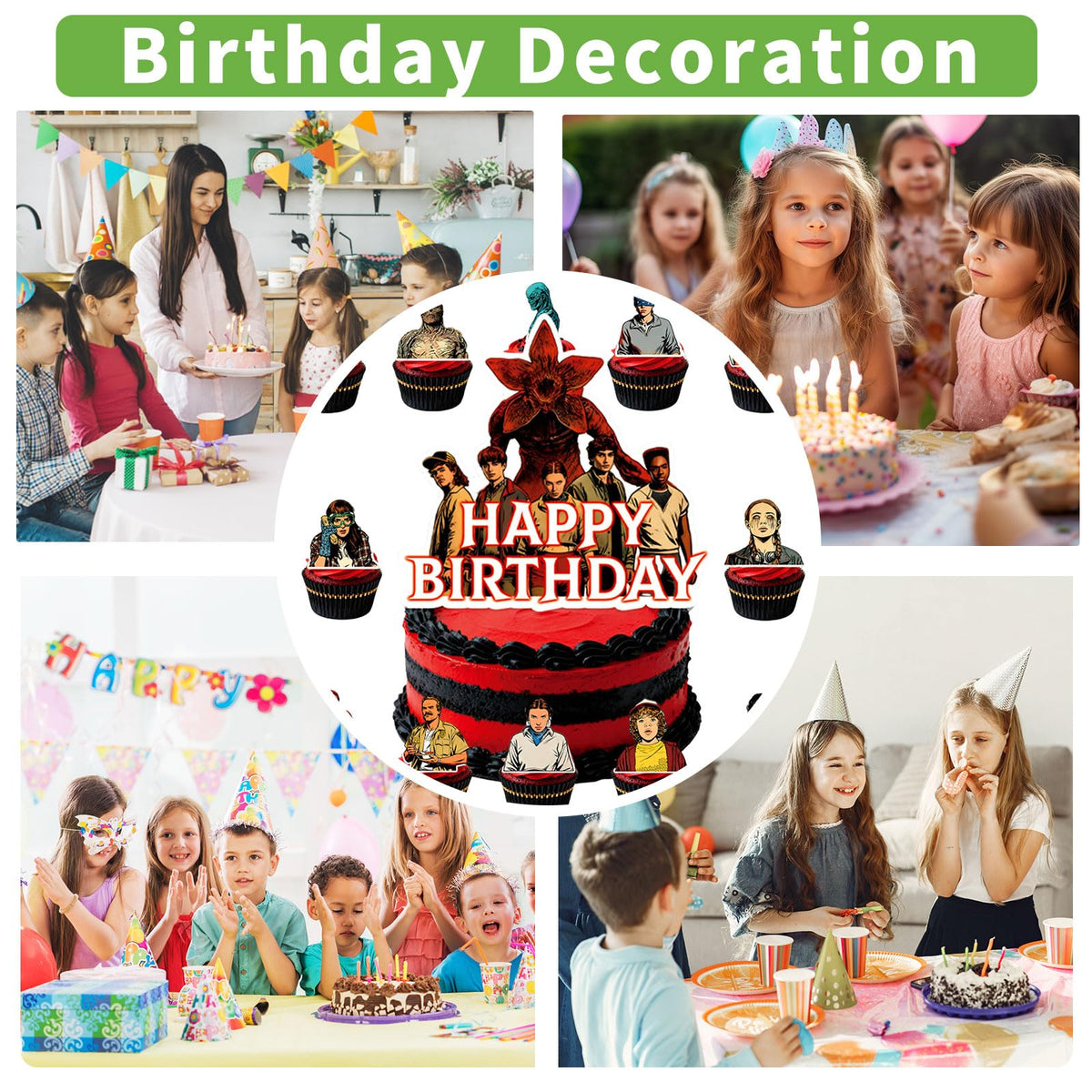 25 Pcs TV Series Character Happy Birthday Cake Toppers, Horror Theme Cake Topper, Includes 1 Happy Birthday Topper and 24 Dessert Decorations.