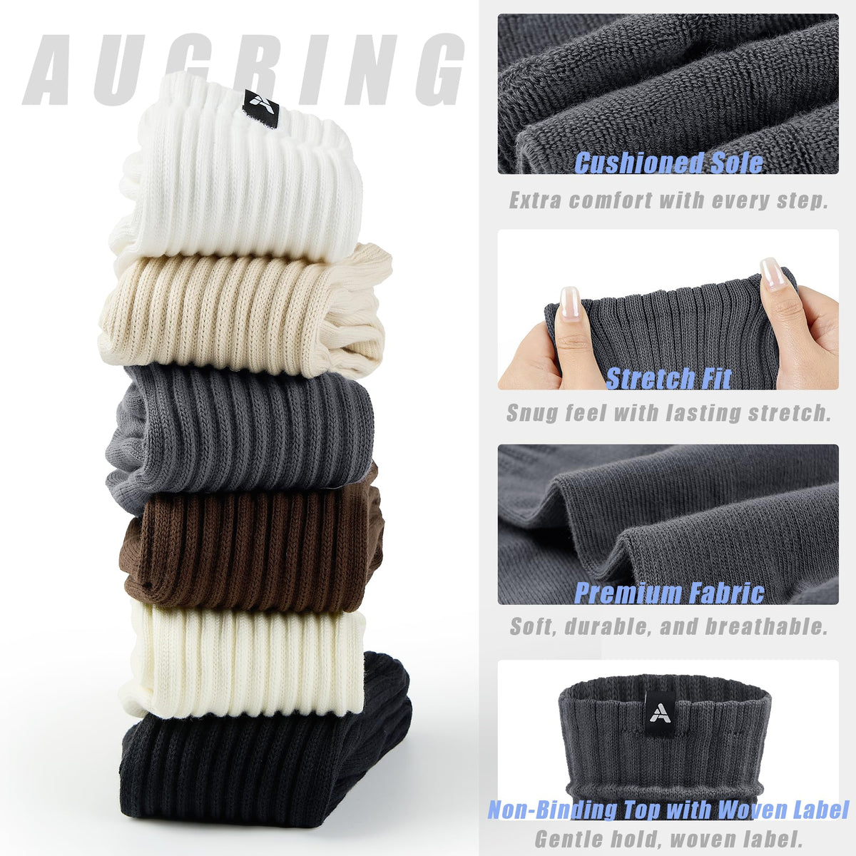 AugRing Scrunch Slouch Crew Socks Retro Ribbed Cotton Cushioned 3 Pack Boot Sneaker Gym Cozy Calf Socks For Men & Women (US, Numeric, 5, 10, Regular, Regular, 3 Pack White)
