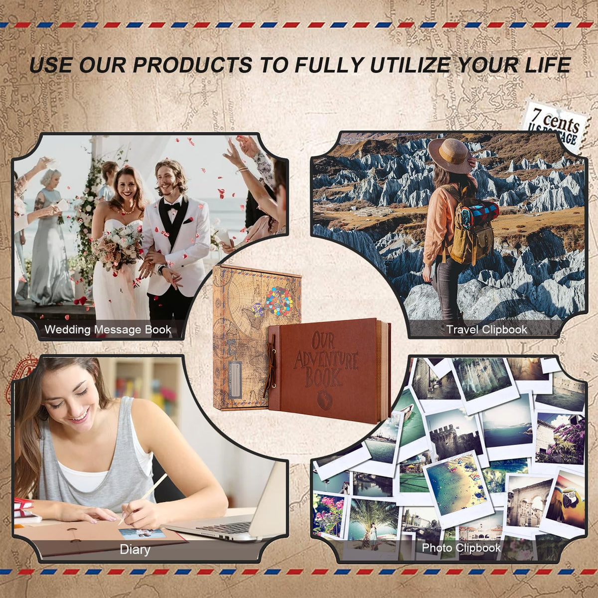 Adventure Book Scrapbook Photo Album 80 Pages Retro Leather Cover Memory Book with Luxury DIY Accessories Kit,Exquisite Box Gift Couples Weddings,Travelling,Christmas Day