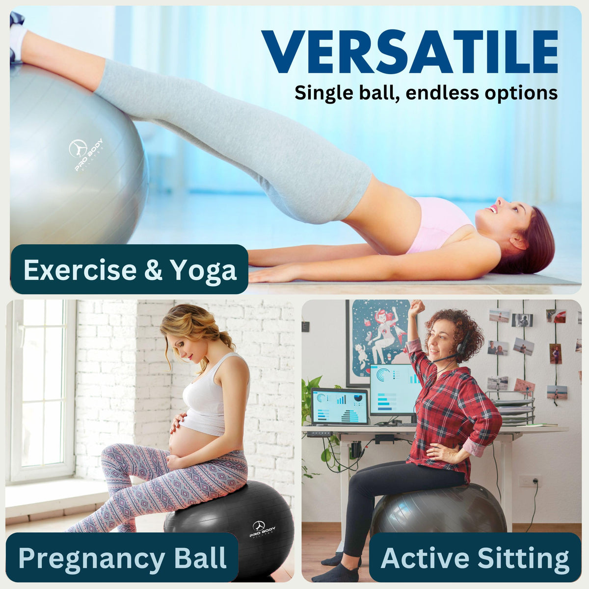 ProBody Pilates Yoga Ball Chair, Exercise Ball Chair with Base or Stand for Home Office Desk Sitting or Workout, 65cm Antiburst Balance Ball & Stability Ball Seat for Back, abs (Blue)