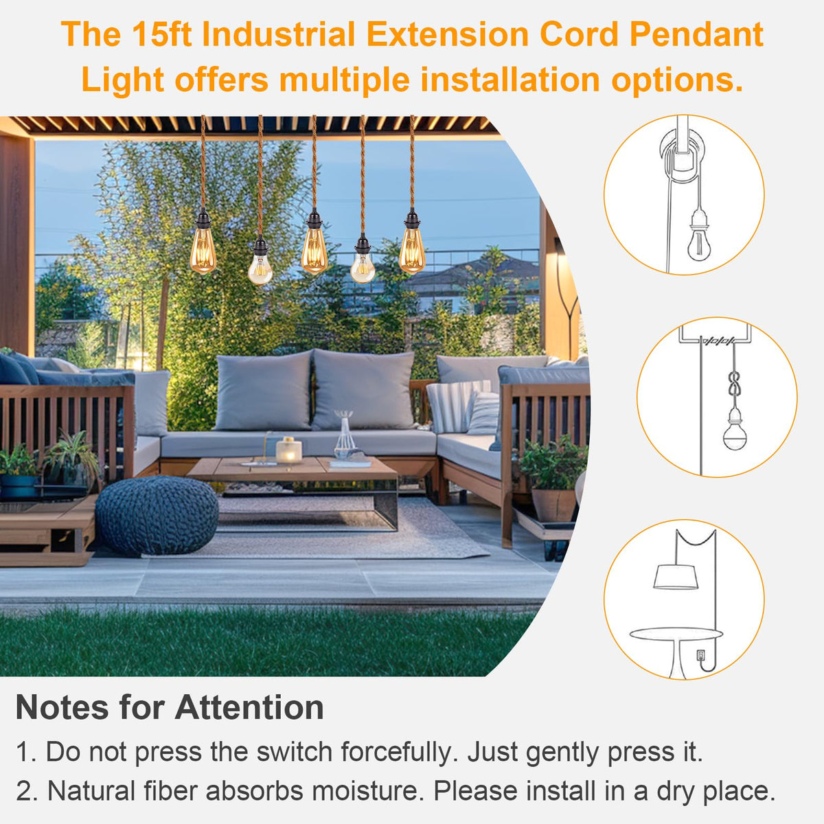 Plug in Pendant Light Cord - 15FT Industrial Hanging Light Kit, Hanging Lights with Plug in Cord With 15FT Hemp Rope, Hanging Lamp Kit with On/Off Switch,E26 E27 Light Socket, Bulb NOT Included