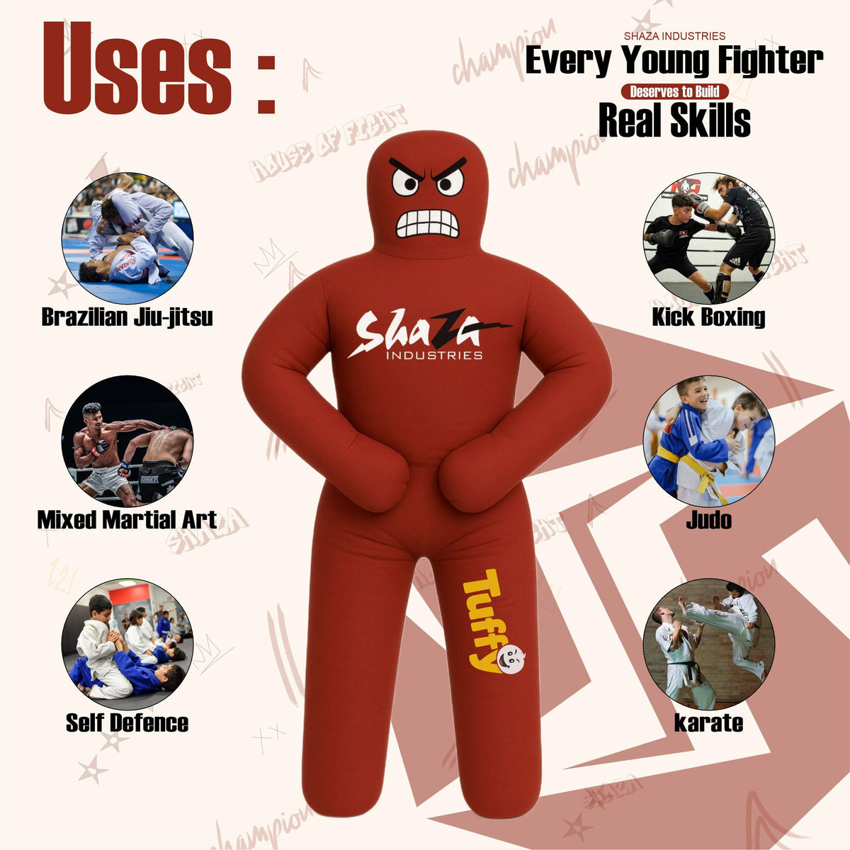 Shaza Toffy Youth Wrestling Dummy, Unfilled Canvas Training Partner, Kids Combat Practice Equipment (Red)