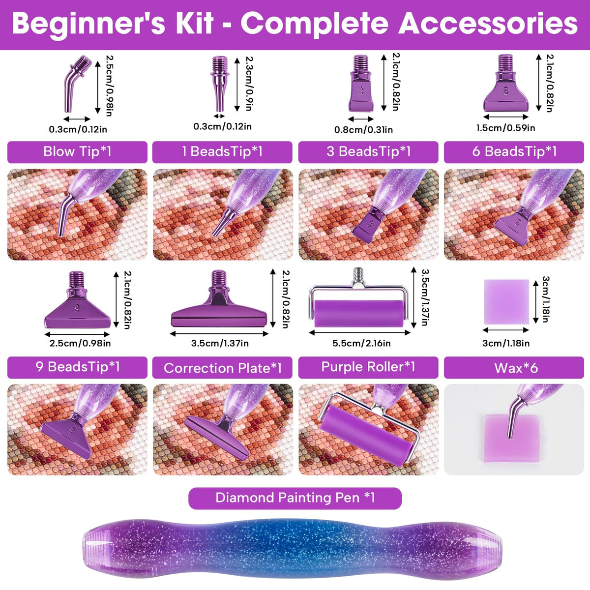 Taobido Ergonomic Diamond Painting Art Pen Accessories Kits with 6 Metal Tips, 6 Painting Glue Clay, Roller,Multi Placer Tips for DIY Crafts