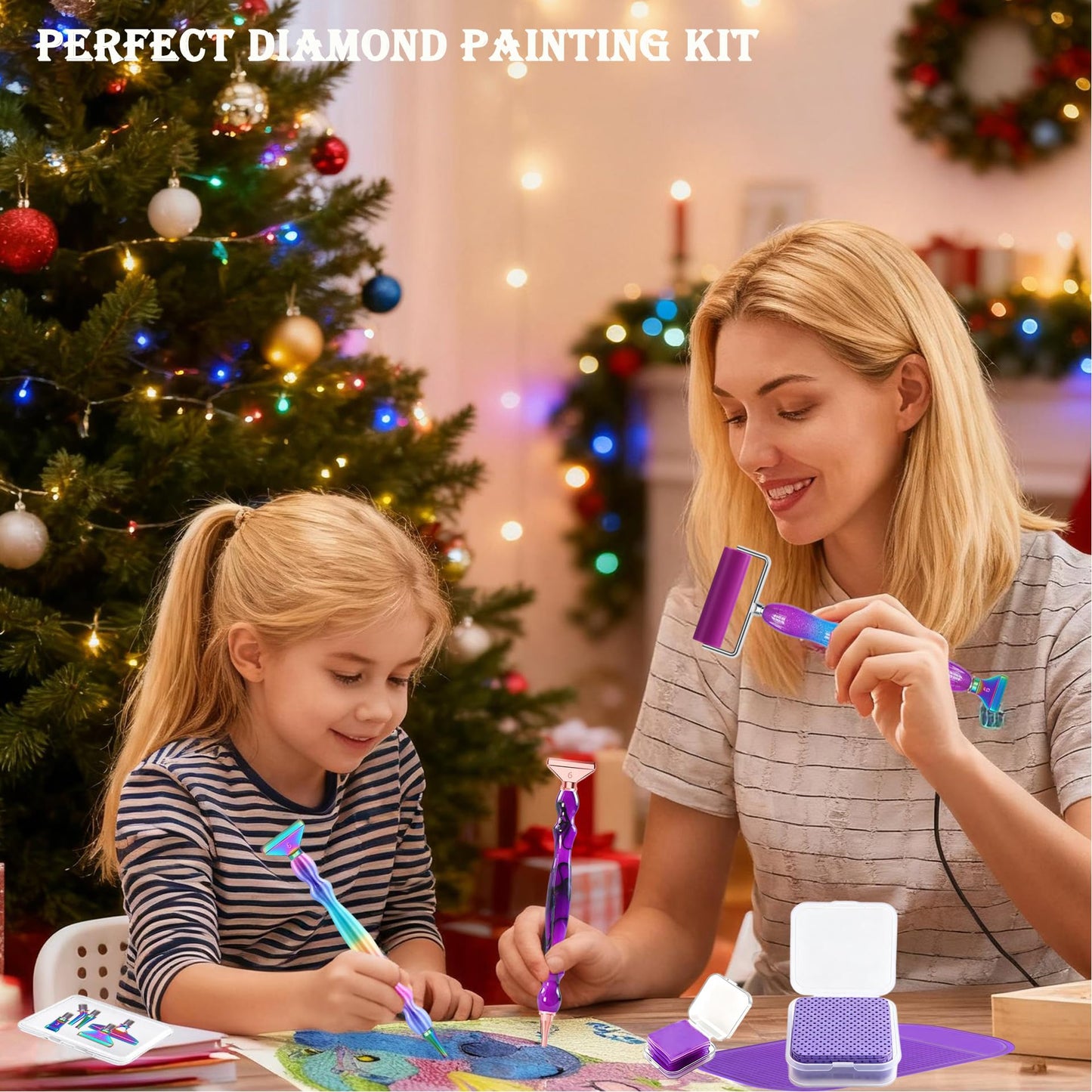 jecxucci Diamond Painting Art Drill Bead Dot Pen Kit with 6pcs Stainless Steel Tips, 6 Glue Clays, Diamond Art Roller and 50Pcs Cleaner Paper, 5D Diamond Painting Trays Sticky Pad (Colorful)
