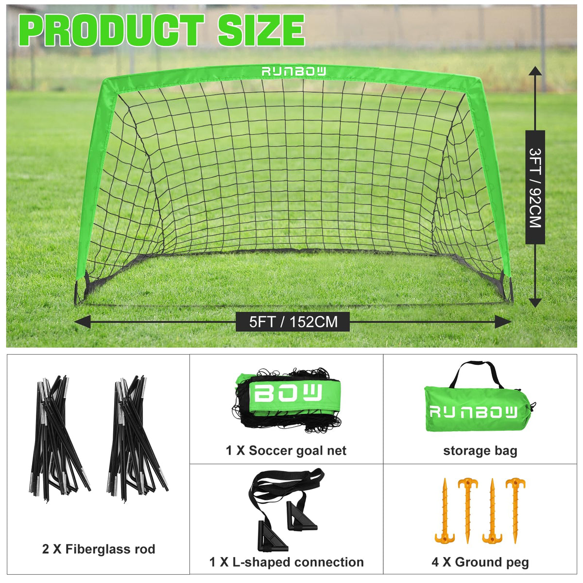 RUNBOW Soccer Goal for Backyard, 5x3 FT Portable Folding Soccer Net with Carry Bag for Kids and Adults Indoor/Outdoor Training Practice Use (Green, 5x3 FT, 1 Pack)