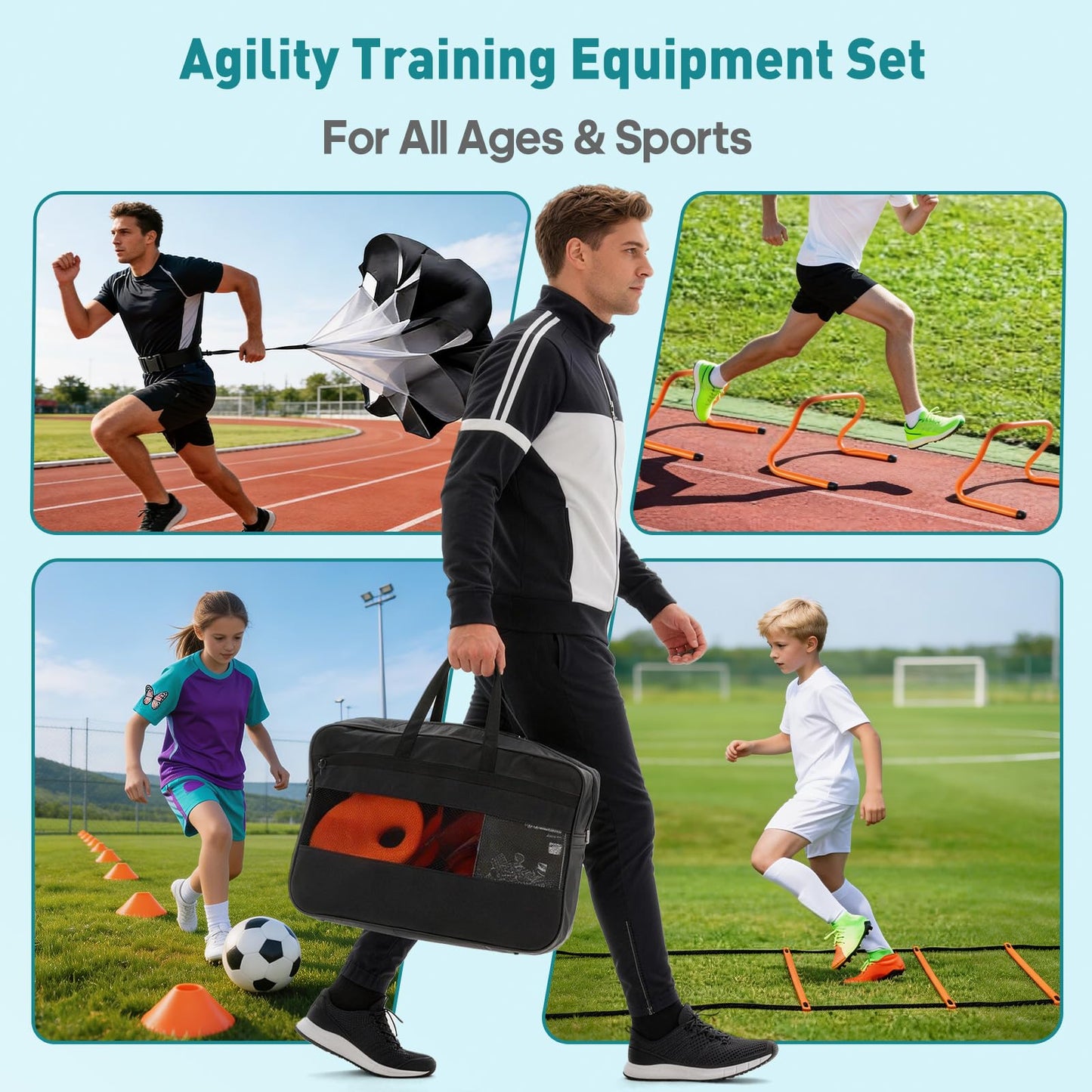 OLIXIS Agility Ladder, Soccer Training Equipment Set, 20 ft Speed Ladder, 12 Soccer Cones, 4 Agility Hurdles, Jump Rope, Resistance Parachute Agility Training Equipment for Kids, Youth, Adults, Orange